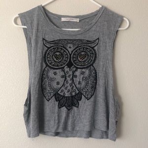 Owl Crop Top shirt Grey Juniors Large